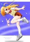  ass bent_over bow bowtie flipper from_behind full_body legs long_hair looking_at_viewer lyrical_nanoha mahou_shoujo_lyrical_nanoha_vivid miniskirt red_bow red_neckwear red_skirt shoes short_sleeves skirt sneakers solo vivio 
