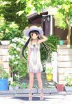  ankle_lace-up armpits black_hair choker cross-laced_footwear dress hand_behind_head hat long_hair original plant platform_footwear potted_plant purple_eyes sandals scenery solo standing takashina_masato twintails 