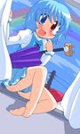  barefoot blue_eyes blue_hair blush chibi closed_umbrella geetsu heterochromia oekaki purple_umbrella red_eyes short_hair solo tatara_kogasa touhou umbrella wet window 