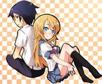  1girl back-to-back bad_id bad_pixiv_id black_hair blonde_hair blue_eyes brother_and_sister kousaka_kirino kousaka_kyousuke long_hair maromi_(am97) ore_no_imouto_ga_konna_ni_kawaii_wake_ga_nai school_uniform serafuku short_hair siblings 