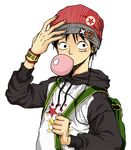  backpack bad_id bad_pixiv_id bag black_hair bubble_blowing chewing_gum cross earbuds earphones hat male_focus monkey_d_luffy one_piece simple_background skull solo star straw_hat sweatband tlsdn55_(artist) 