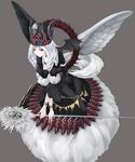  asymmetrical_wings bat_wings black_wings bracelet chaos_goddess circlet dress drill_hair duel_monster earrings hands hat highres jewelry multiple_wings red_eyes rr_(rr2) silver_hair skull smile smirk solo staff wings yuu-gi-ou 