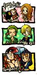  4boys black_hair blonde_hair breasts brook chibi cleavage franky green_hair highres long_hair long_nose medium_breasts multiple_boys multiple_girls nami_(one_piece) nico_robin one_eye_closed one_piece orange_hair roronoa_zoro sanji scar sunglasses tattoo tongue 