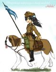  animal black_hair cavalry dog ernest fang flag ganaha_hibiki green_eyes hat idolmaster idolmaster_(classic) inumi lance long_hair military military_uniform open_mouth polearm polish ponytail st_bernard uniform weapon 