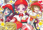  blue_eyes blue_hair brown_hair bunny cure_blossom cure_marine cure_sunshine eyelashes food french_fries hamburger hanasaki_tsubomi hat heartcatch_precure! kurumi_erika mahkn mcdonald's multiple_girls myoudouin_itsuki pink_eyes precure red_hair star stuffed_animal stuffed_toy uniform visor_cap 