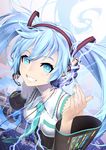  aqua_nails blue_eyes blue_hair electricity grin hands hatsune_miku headset highres kunieda long_hair nail_polish smile solo twintails vocaloid 