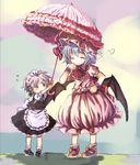  :o ^_^ apron ascot bat_wings braid child closed_eyes dress flying_sweatdrops happy hat izayoi_sakuya maid maid_headdress mary_janes miya_(tsumazukanai) multiple_girls parasol pigeon-toed remilia_scarlet shoes short_hair silver_hair smile sweatdrop tiptoes touhou twin_braids umbrella waist_apron wings younger 