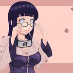  bespectacled blue_hair breasts cleavage forehead_protector glasses highres hime_cut hood hoodie hyuuga_hinata large_breasts lips long_hair naruto_(series) naruto_shippuuden sakuama semi-rimless_eyewear smile solo white_eyes 