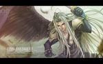  aimio_nagi angel_wings feathers final_fantasy final_fantasy_vii final_fantasy_vii_advent_children green_hair holding holding_sword holding_weapon left-handed letterboxed male_focus sephiroth silver_hair single_wing sword weapon wings 
