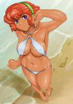  arm_up armpits barefoot beach bikini blue_eyes blush breasts cleavage dark_skin day footprints foreshortening from_above hairband highres large_breasts looking_up navel o-ring o-ring_top ocean red_hair ricarla_borgnine sand shiny shiny_skin short_hair shu-z smile solo super_robot_wars super_robot_wars_original_generation swimsuit 
