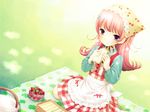  :t apron aqua_shirt bangs basket blanket bonnet cherry cherry_print chin_strap chitosezaka_suzu clover curly_hair dress eating food food_print food_themed_clothes four-leaf_clover frilled_apron frills fruit grass hair_ornament hairclip highres holding lace leaf_print long_hair long_sleeves original picnic pinafore_dress pink_hair plaid plaid_dress purple_eyes sandwich shirt sitting solo strawberry waist_apron 