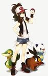  :d antenna_hair baseball_cap blue_eyes boots brown_hair face gen_5_pokemon hand_on_hip hat holding holding_poke_ball long_hair open_mouth oshawott poke_ball pokemon pokemon_(creature) pokemon_(game) pokemon_bw ponytail shirabi shorts smile snivy standing tepig touko_(pokemon) wristband 