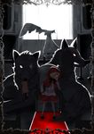  animal armchair bad_id bad_pixiv_id chair glowing glowing_eyes grimm's_fairy_tales hair_over_one_eye ice_(doragon) little_red_riding_hood little_red_riding_hood_(grimm) red_eyes teeth wolf 