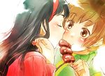  amagi_yukiko bad_id bad_pixiv_id black_hair brown_eyes brown_hair closed_eyes food hair_flip indirect_kiss multiple_girls persona persona_4 satonaka_chie yukataro yuri 