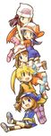  alternate_costume bandana blue_(pokemon) bow bracelet brown_hair crystal_(pokemon) hat jewelry long_hair multiple_girls odamaki_sapphire platinum_berlitz pokemon pokemon_special scarf unagi_(kobucha_blaster) yellow_(pokemon) 