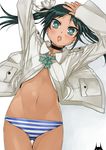  :o arms_up blush choker fangs flat_chest francesca_lucchini green_eyes green_hair highres komusou_(jinrikisha) long_hair miyafuji_yoshika navel panties silhouette_demon simple_background solo strike_witches striped striped_panties twintails underwear world_witches_series 
