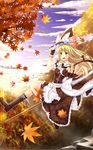  autumn bad_id bad_pixiv_id blonde_hair braid broom broom_riding fingerless_gloves foreshortening gloves hat hat_removed headwear_removed highres holding holding_hat kirisame_marisa leaf long_hair maple_leaf side_braid sky solo swordsouls touhou witch_hat yellow_eyes 