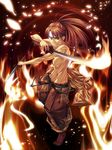  bad_id bad_pixiv_id baggy_pants belt blood dual_wielding fire harede_shou headband holding long_hair male_focus muscle original pants petals ponytail red_hair shirtless solo sword weapon 