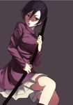  black_hair blood+ face katana legs otonashi_saya red_eyes sheath sheathed shirabi short_hair simple_background solo sword weapon 