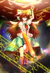  arm_cannon asymmetrical_clothes bad_id bad_pixiv_id black_hair bow brown_eyes caution mismatched_footwear radiation_symbol reiuji_utsuho solo sousakubito touhou weapon wings 