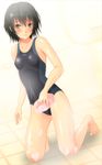  amagami bad_id bad_pixiv_id barefoot black_eyes black_hair competition_swimsuit dutch_angle nanasaki_ai one-piece_swimsuit shian_(my_lonly_life.) short_hair soap_bubbles solo sponge swimsuit 