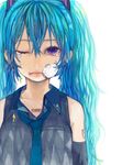  bandages bandaid barcode barcode_tattoo bare_shoulders blue_eyes blue_hair crystal detached_sleeves hatsune_miku heart highres injury long_hair multicolored multicolored_eyes necktie one_eye_closed solo soono_(rlagpfl) tattoo tears twintails upper_body vocaloid 