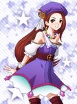  a-ya beret brown_eyes brown_hair dragon dress hat idolmaster idolmaster_(classic) idolmaster_2 long_hair lowres minase_iori palace_of_dragon_(idolmaster) solo thighhighs 