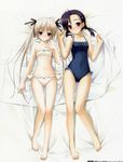  2girls absurdres barefoot bikini black_eyes black_hair blonde_hair blush feet flat_chest hands hashimoto_takashi highres kasugano_sora kuranaga_kozue legs long_hair long_legs lying multiple_girls on_back one-piece_swimsuit scan silver_hair slender slender_waist swimsuit thighs toes twintails yosuga_no_sora 