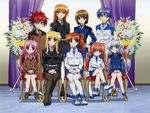  6+girls absurdres ahoge blonde_hair blue_hair braid brown_hair caro_ru_lushe erio_mondial everyone fate_testarossa flower hair_ornament highres lyrical_nanoha mahou_shoujo_lyrical_nanoha_strikers military military_uniform multiple_girls official_art okuda_yasuhiro orange_hair pantyhose pencil_skirt pink_hair purple_hair red_hair reinforce_zwei side_ponytail skirt subaru_nakajima takamachi_nanoha teana_lanster thighhighs tsab_air_military_uniform tsab_executive_military_uniform tsab_ground_military_uniform tsab_naval_military_uniform tsab_rescue_military_uniform twin_braids uniform vita x_hair_ornament yagami_hayate 