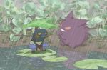  emunise friends gen_1_pokemon gen_4_pokemon gengar leaf_umbrella nature no_humans pokemon pokemon_(creature) rain 