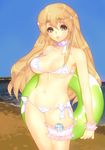  bare_shoulders beach bikini blonde_hair bow choker day green_eyes groin innertube k-on! kotobuki_tsumugi leg_garter long_hair navel neck_ribbon ribbon solo swimsuit tomohide 