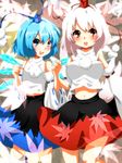  animal_ears bad_id bad_pixiv_id bare_shoulders blue_eyes blue_hair blush cirno cosplay detached_sleeves hat holding_hands inubashiri_momiji inubashiri_momiji_(cosplay) leaf maple_leaf midriff multiple_girls navel nomutarou red_eyes short_hair silver_hair tail tokin_hat touhou wings wolf_ears wolf_tail 