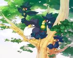  budew emunise gen_2_pokemon gen_4_pokemon hat honchkrow murkrow nature no_humans pokemon pokemon_(creature) red_eyes tree 