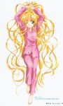  absurdly_long_hair absurdres air barefoot blonde_hair blue_eyes feet full_body highres kamio_misuzu kobayashi_akemi long_hair official_art one_eye_closed plantar_flexion solo stretch very_long_hair 