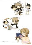  animal_ears breasts carrot chibi cleavage cooking highres large_breasts lynette_bishop miyafuji_yoshika multiple_girls naked_towel sakamoto_mio shimada_fumikane shinai strike_witches sword tail towel weapon world_witches_series 