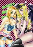  2girls angela_(castlevania) blonde_hair blue_eyes blush breasts castlevania castlevania_pachislot choker cleavage cross cross_necklace demon_girl green_eyes large_breasts long_hair looking_at_viewer multiple_girls short_hair succubus succubus_(castlevania) thighhighs wings 