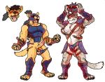  2019 anthro armor balls canid canine canis duo erection felid hair humanoid_penis hyenaface male mammal mind_control muscular muscular_male open_mouth pantherine pecs penis ponytail simple_background spiral_eyes standing submissive_male tongue tongue_out white_background wolf 