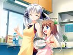  2girls apron brown_hair cooking flat_chest game_cg highres indoors loli multiple_girls twintails white_hair 