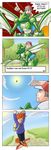  4koma :c alternate_costume backpack bag baseball_cap boots brown_eyes brown_hair cloud comic day denim downscaled english flying frown gameplay_mechanics gen_1_pokemon hat highres irony jeans md5_mismatch multiple_boys ookido_green open_mouth pants pointing pokemon pokemon_(creature) pokemon_(game) pokemon_frlg pokemon_rgby profanity red_(pokemon) red_(pokemon_frlg) resized riding rounindx scyther short_hair sky spearow sun sweatdrop tree 