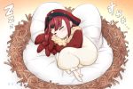  1girl artist_name bangs barefoot benienma_(fate/grand_order) bird_costume bird_hood bird_nest blush closed_mouth commentary_request eyebrows_visible_through_hair fate/grand_order fate_(series) fur_trim highres hood hood_up long_sleeves lying neon-tetora on_side pillow red_hair sleeping sleeves_past_fingers sleeves_past_wrists smile soles solo translation_request zzz 