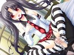  1boy 1girl amami_akira_(fake_azure_arcology) asami_asami character_request cum cum_on_body cum_on_lower_body fake_azure_arcology feet footjob game_cg indoors no_shoes penis school_uniform source_request striped striped_legwear striped_thighhighs thighhighs twintails 