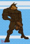  2019 4_toes 5_fingers abs anthro balls biceps big_balls big_muscles big_penis black_nose blue_background brown_balls brown_penis brown_skin canid canine canis doberman domestic_dog erection humanoid_penis hungothenomster male mammal muscular muscular_male muscular_thighs nipples nude pecs penis red_eyes road_rovers simple_background smile solo standing teeth thick_penis toes uncut 