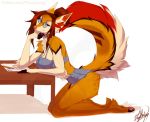  2019 anthro breast_rest breasts brown_fur butt canid canine clothed clothing digital_media_(artwork) eyewear female fluffy fluffy_tail fox fur glasses hair inner_ear_fluff jewelry kneeling looking_at_viewer mammal multicolored_fur necklace orange_fur red_eyes red_fur red_hair simple_background solo tan_fur vexstacy white_background 