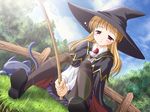  1girl blonde_hair blush cape cat fishing fishing_line fishing_rod game_cg harry_potter hat legwear outdoors pantyhose purple_eyes sky sleepy solo stockings thighhighs witch witch_hat 