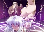  1boy 1girl bdsm bondage bound breasts censored charm game_cg indoors insertion nipples object_insertion rope torch white_hair 