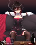  1girl ahoge ashtray black_hair boots bottle breasts cape cigarette couch cslucaris eyebrows legwear multicolored_hair open_mouth red_hair ruby_rose rwby short_hair silver_eyes sitting smoking solo table two-tone_hair 