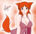  animal_ears breasts cleavage fox_ears orange_eyes orange_hair red_hair short_hair solail_(faya) tail 
