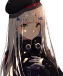  1girl bangs beret blunt_bangs blush breasts clothes_writing eyebrows_visible_through_hair facial_mark girls_frontline gloves green_eyes hair_ornament hand_on_own_chest hat highres hk416_(girls_frontline) jacket kisui_(user_wswf3235) light_particles long_hair looking_at_viewer parted_lips sidelocks silver_hair simple_background solo teardrop upper_body very_long_hair white_background 