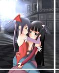  2girls akiyama_mio black_hair breasts capcom character_request cleavage cosplay demon_girl hime_cut k-on! lilith_aensland lilith_aensland_(cosplay) long_hair morrigan_aensland morrigan_aensland_(cosplay) multiple_girls nakano_azusa succubus twintails vampire_(game) 