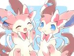  3_toes ^_^ ambiguous_gender big_eyes blue_eyes blush bow cute_fangs duo eeveelution eyes_closed feral fluffy fluffy_ears fluffy_tail fur happy long_ears markings nintendo open_mouth pink_ears pink_paws pok&eacute;mon pok&eacute;mon_(species) smile socks_(marking) sylveon toes tongue video_games white_fur whitelate 